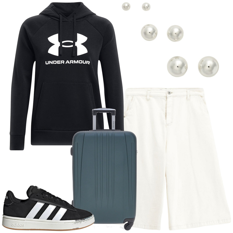 Outfit donna - In viaggio. Stile Casual per Tutti i giorni. Abbinamento con shorts, orecchini, felpe con cappuccio, valigie, sneakers.