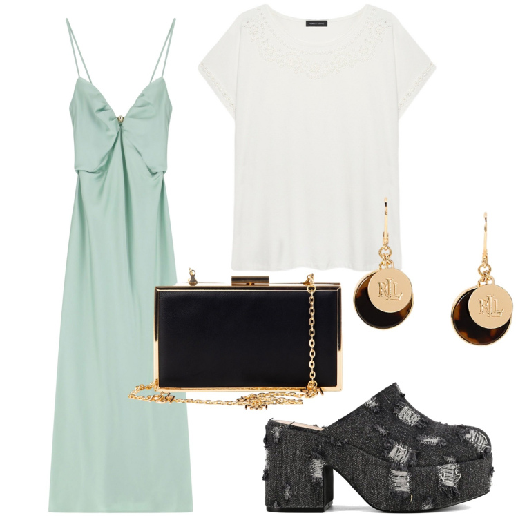 Outfit donna - Sleepdress colore acqua marina. Stile Glamour per Serata fuori. Abbinamento con pochette, vestiti lunghi, orecchini, t-shirt, sabot.