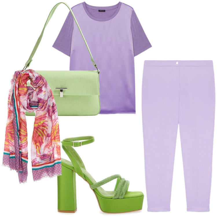 Outfit donna - Accessori verdi. Stile Minimal per Serata fuori. Abbinamento con borse a spalla, t-shirt, sandali col tacco, sciarpe, pantaloni.