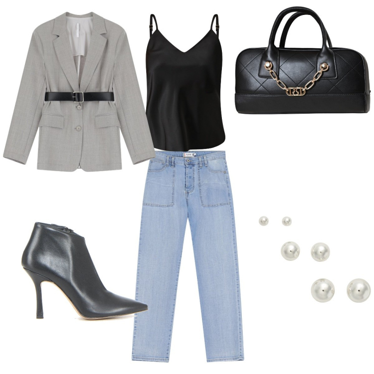 Outfit donna - Sunday. Stile Casual chic Abbinamento con top, borse a mano, jeans dritti, blazer, orecchini, sandali col tacco.