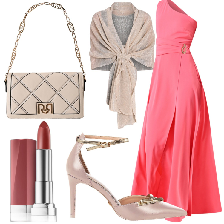 Outfit donna - Cena romantica. Stile Casual chic per Serata fuori. Abbinamento con rossetti, stole, décolleté, borse a tracolla, vestiti asimmetrici.