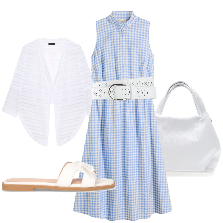 Outfit donna - Total look #2227709. Stile Bon Ton per Tutti i giorni. Abbinamento con vestiti, cinture, bolero, ciabatte, borse a spalla.