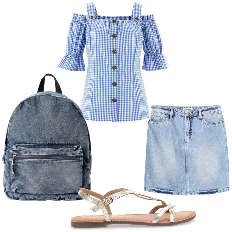 Outfit donna - Zaino in jeans. Stile Minimal per Tutti i giorni. Abbinamento con camicie a manica corta, minigonne, zaini, sandali in pelle.