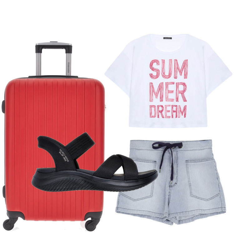 Outfit donna - Summer dream. Stile Glamour per Mare. Abbinamento con shorts, t-shirt, valigie, sandali col tacco.