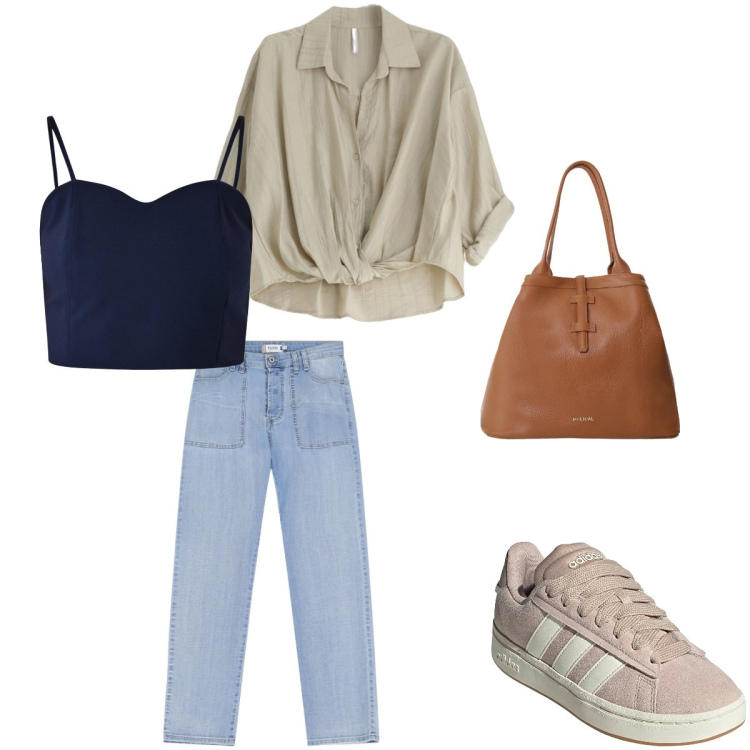 Outfit donna - Pronta a tutto. Stile Casual per Tutti i giorni. Abbinamento con canottiere, jeans dritti, camicie, borse tote, sneakers.