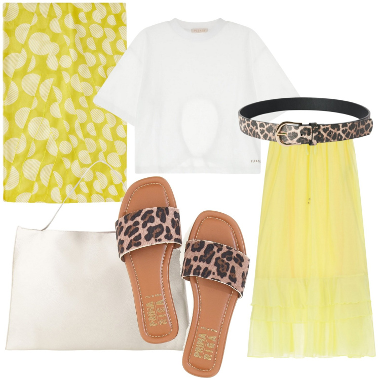 Outfit donna - Il foulard giallo limone. Stile Minimal per Tutti i giorni. Abbinamento con cinture, t-shirt, gonne lunghe, borse a spalla, stole, ciabatte.