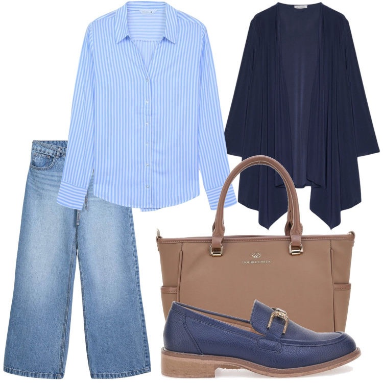 Outfit donna - Stile ufficio. Stile Minimal per Ufficio. Abbinamento con camicie, jeans, borse a tracolla, mocassini, blazer.