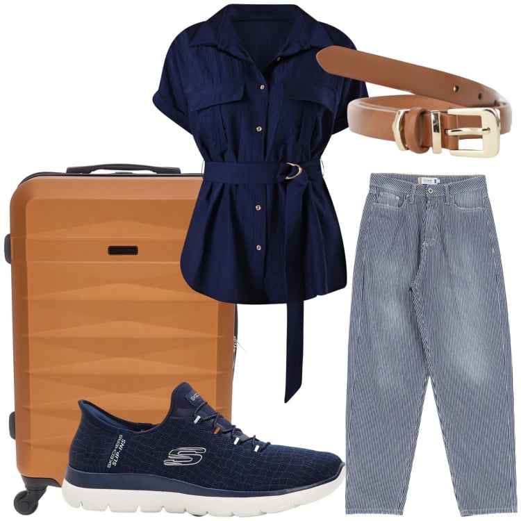 Outfit donna - Ferie estive. Stile Casual per Tutti i giorni. Abbinamento con sneakers, camicie a manica corta, jeans mom, cinture, valigie.