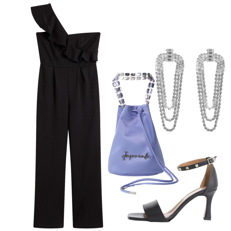 Outfit donna - Una serata. Stile Chic per Serata fuori. Abbinamento con tute, orecchini, borse a secchiello, sandali col tacco.