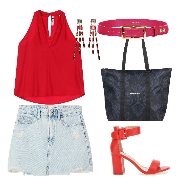 Outfit donna - Demin per ogni occasione. Abbinamento con orecchini, minigonne, top, cinture, shopping bag, sandali col tacco.