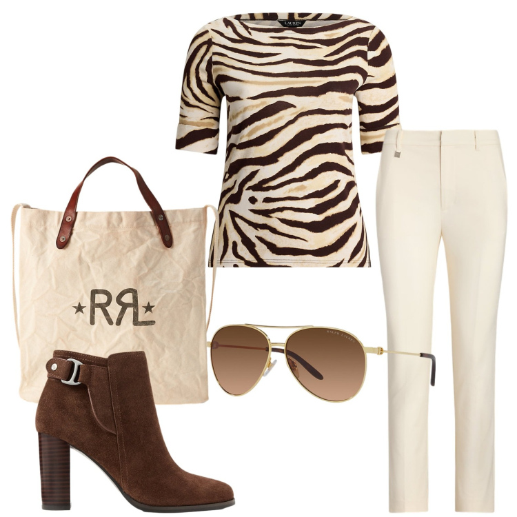 Outfit donna - Savana day. Stile Etnico per Ufficio. Abbinamento con t-shirt, occhiali da sole, pantaloni, stivaletti, borse tote.