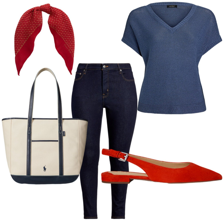 Outfit donna - Minimal chic. Stile Casual chic per Ufficio. Abbinamento con maglieria, borse tote, foulard, ballerine, jeans skinny.