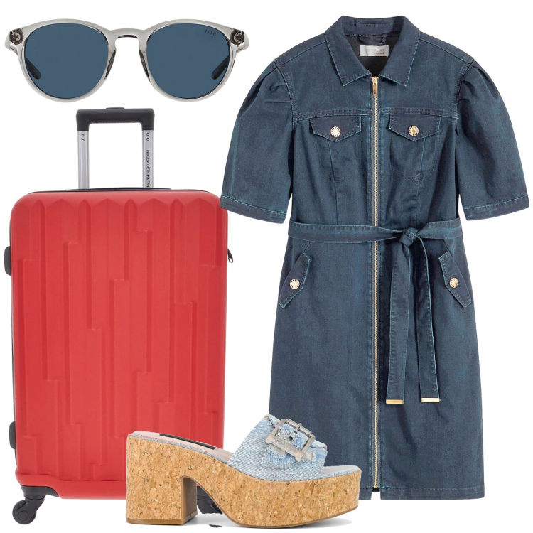 Outfit donna - Il vestito in denim. Stile Casual per Tutti i giorni. Abbinamento con vestiti, occhiali da sole, sandali, valigie.