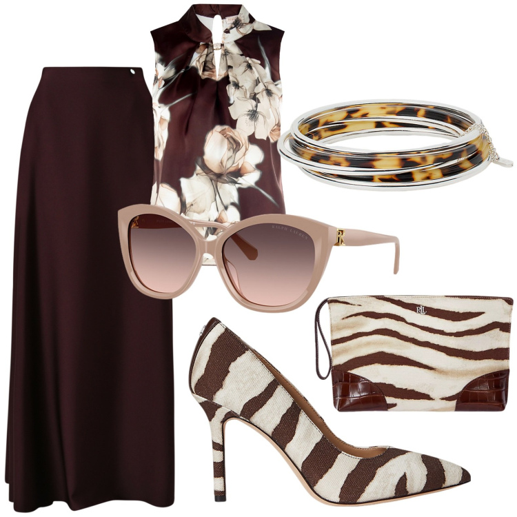 Outfit donna - Terra bruciata. per Serata fuori. Abbinamento con gonne lunghe, top, pochette, braccialetti, décolleté, occhiali da sole.