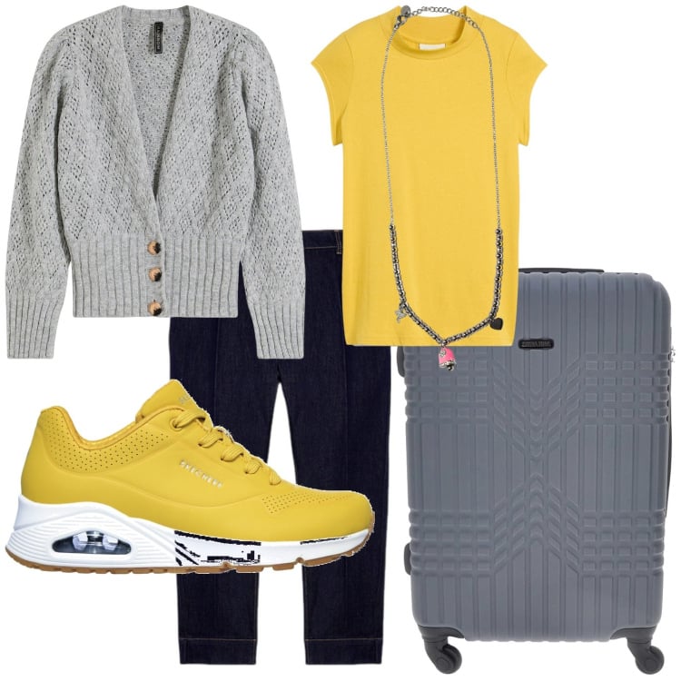 Outfit donna - On the road. Stile Glamour per Tutti i giorni. Abbinamento con t-shirt, cardigans, ciondoli, sneakers, jeans, valigie.