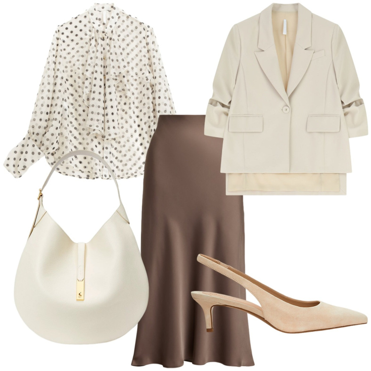 Outfit donna - Una camicia a pois. Stile Chic per Serata fuori. Abbinamento con blazer, camicie, gonne, décolleté, borse a spalla.