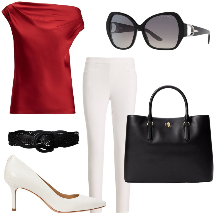 Outfit donna - Il top in raso. Stile Bon Ton per Ufficio. Abbinamento con borse a mano, top, cinture, décolleté, pantaloni, occhiali da sole.