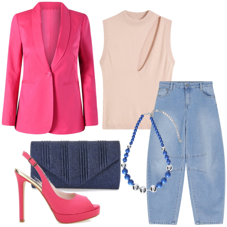 Outfit donna - Il blazer rosa intenso. Stile Casual chic per Serata fuori. Abbinamento con top, blazer, jeans, décolleté, collane, clutch.