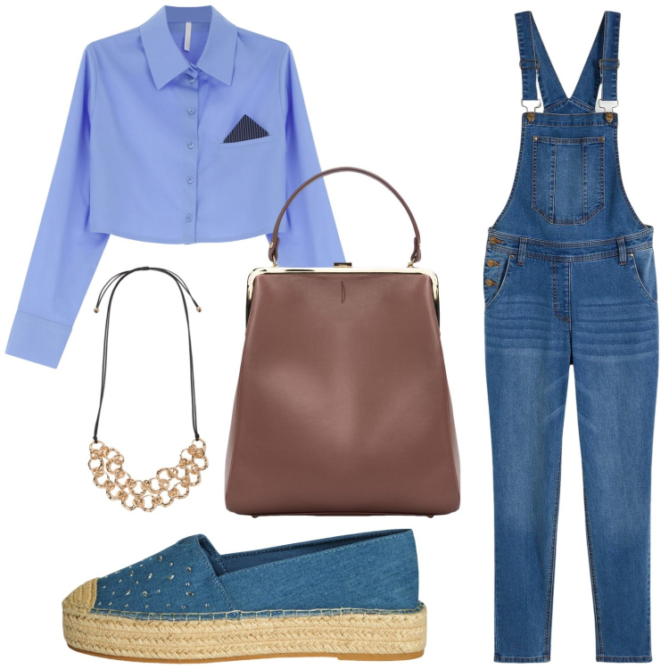 Outfit donna - Denim senza tempo. Stile Casual per Tutti i giorni. Abbinamento con salopette, espadrillas, camicie, borse a spalla, collane.