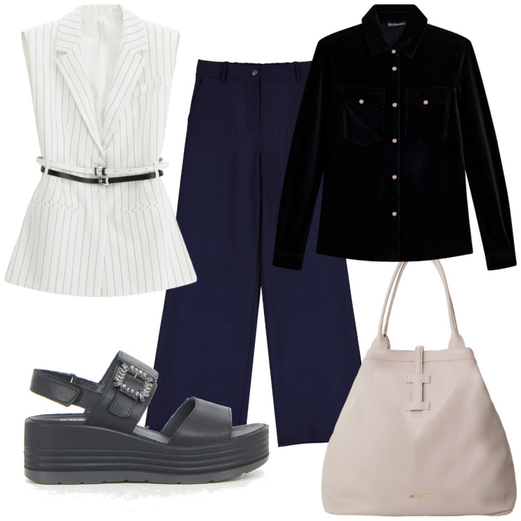 Outfit donna - Tailoring trendy in città. Stile Trendy per Tutti i giorni. Abbinamento con gilet, borse tote, camicie, pantaloni a palazzo, sandali.