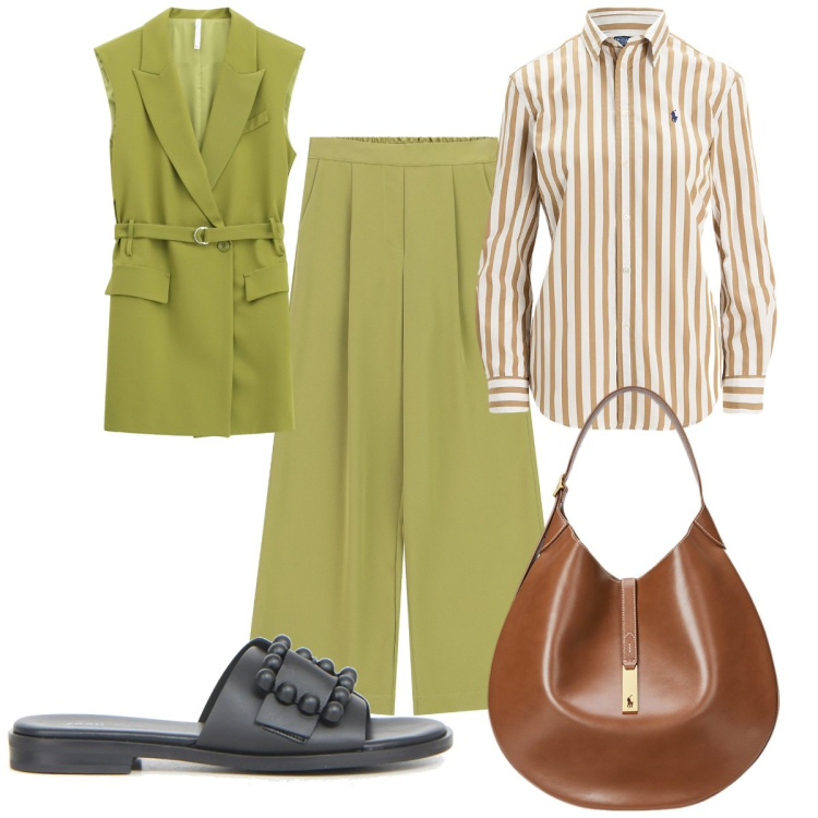 Outfit donna - Tailoring coloratissimo e trendy. Stile Trendy per Tutti i giorni. Abbinamento con gilet, pantaloni a palazzo, borse a spalla, camicie, ciabatte.