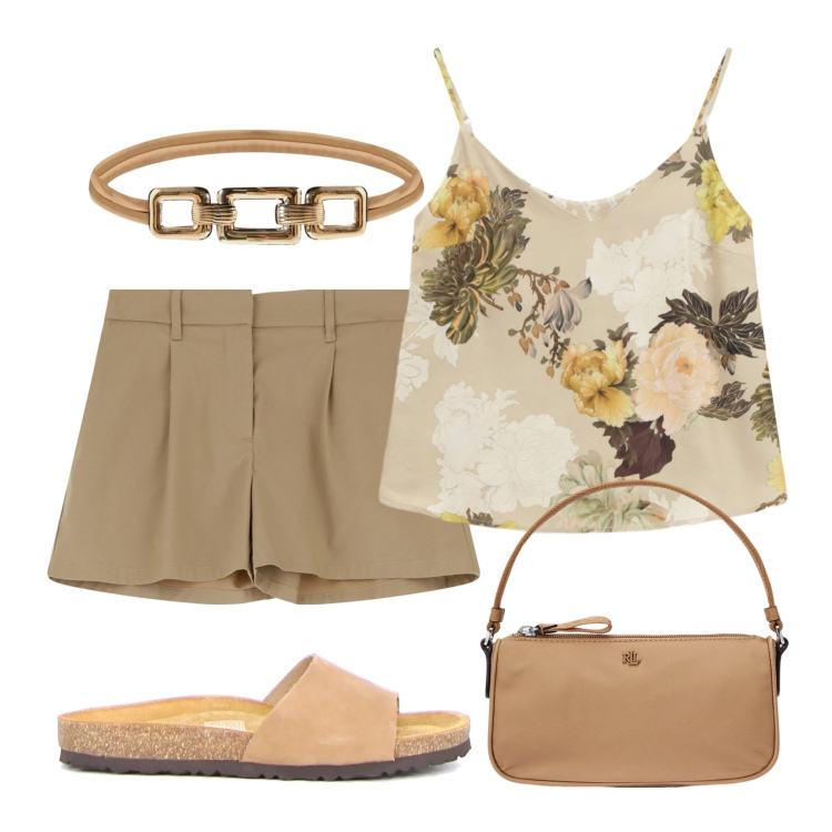 Outfit donna - Primo giorno di vacanza!. Stile Casual per Mare. Abbinamento con cinture, shorts, top, pochette, ciabatte.