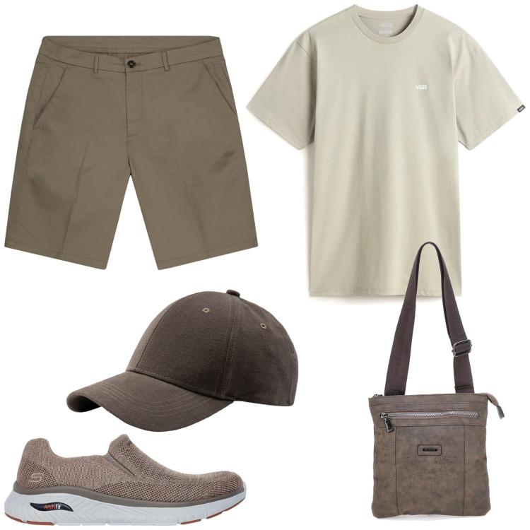 Outfit uomo - Borsello a tracolla. Stile Casual per Tutti i giorni. Abbinamento con portafogli, sneakers, t-shirt, cappelli con visiera, bermuda.