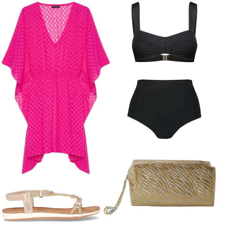 Outfit donna - Serata in riva al mare. Stile Trendy per Mare. Abbinamento con pochette, bikini, caftani, sandali in pelle.