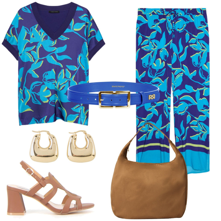 Outfit donna - Coordinato a fiori. Stile Casual per Ufficio. Abbinamento con orecchini, borse a mano, cinture, pantaloni a palazzo, bluse, sandali col tacco.