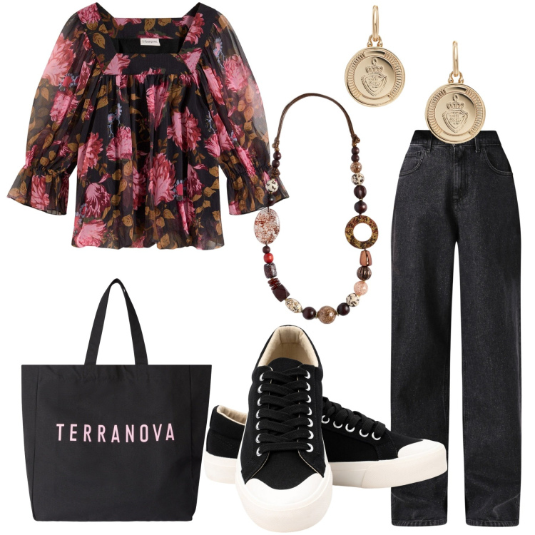 Outfit donna - La blusa romantica. Stile Urban per Tutti i giorni. Abbinamento con bluse, borse tote, jeans, orecchini, sneakers, collane.