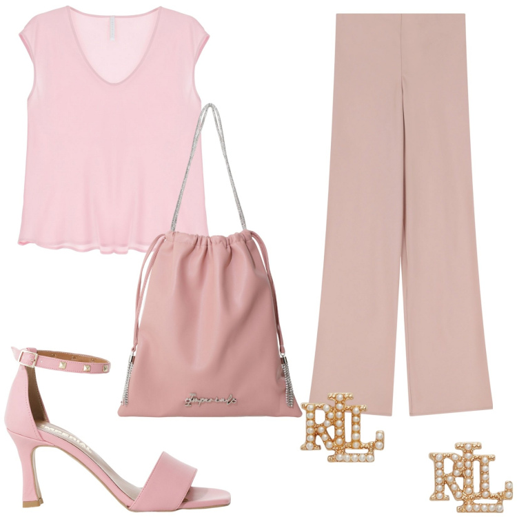 Outfit donna - Romanticamente Imperial. Stile Romantica per Serata fuori. Abbinamento con sandali col tacco, pantaloni, borse a secchiello, top, orecchini.