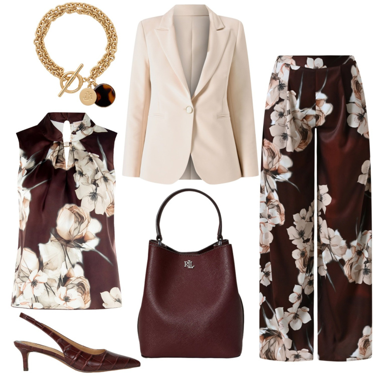 Outfit donna - Eleganza sartoriale d\'estate. Stile Chic per Ufficio. Abbinamento con pantaloni a palazzo, top, blazer, borse a secchiello, décolleté, braccialetti con ciondoli.