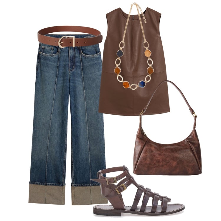 Outfit donna - Il top in similpelle. Stile 70s per Tutti i giorni. Abbinamento con top, jeans dritti, borse a mano, cinture, collane, sandali alla schiava.