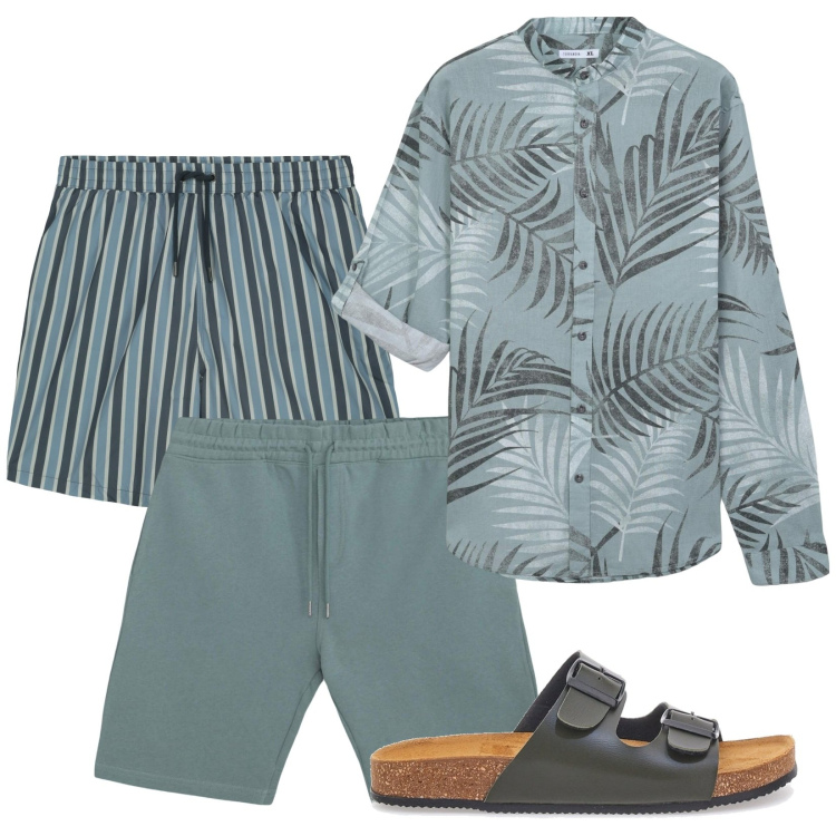 Outfit uomo - Hawaiana soft. Stile Casual per Mare. Abbinamento con camicie, pantaloni corti, sandali, costumi.