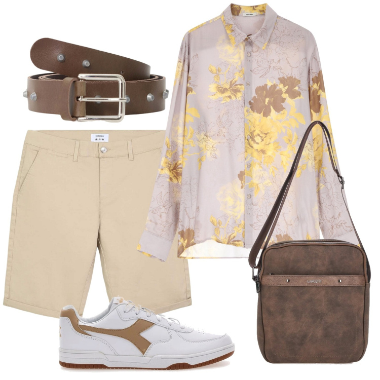Outfit uomo - Hawaiano chic. Stile Trendy per Tutti i giorni. Abbinamento con bermuda, camicie, cinture, portafogli, sneakers.
