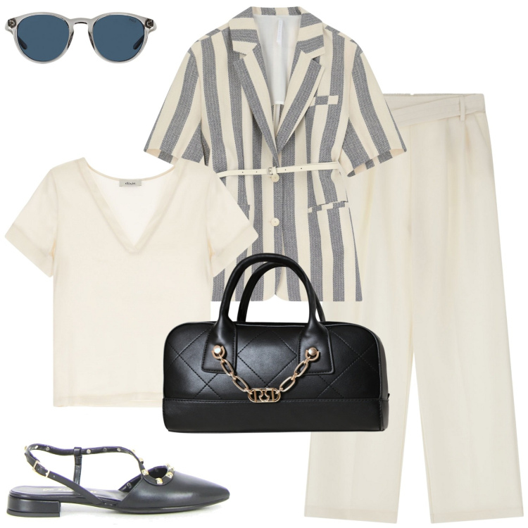 Outfit donna - Eleganza sartoriale d\'estate. Stile Casual chic per Tutti i giorni. Abbinamento con borse a mano, blazer, pantaloni, t-shirt, occhiali da sole, sandali in pelle.
