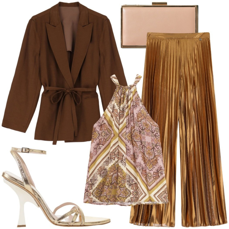 Outfit donna - Sera estiva raffinata. Stile Chic per Serata fuori. Abbinamento con pochette, blazer, top, sandali col tacco, pantaloni a palazzo.