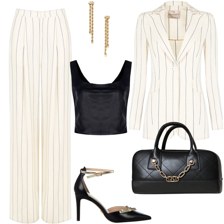Outfit donna - Eleganza sartoriale d\'estate. Stile Mannish per Ufficio. Abbinamento con borse a mano, décolleté, blazer, pantaloni, top, orecchini.