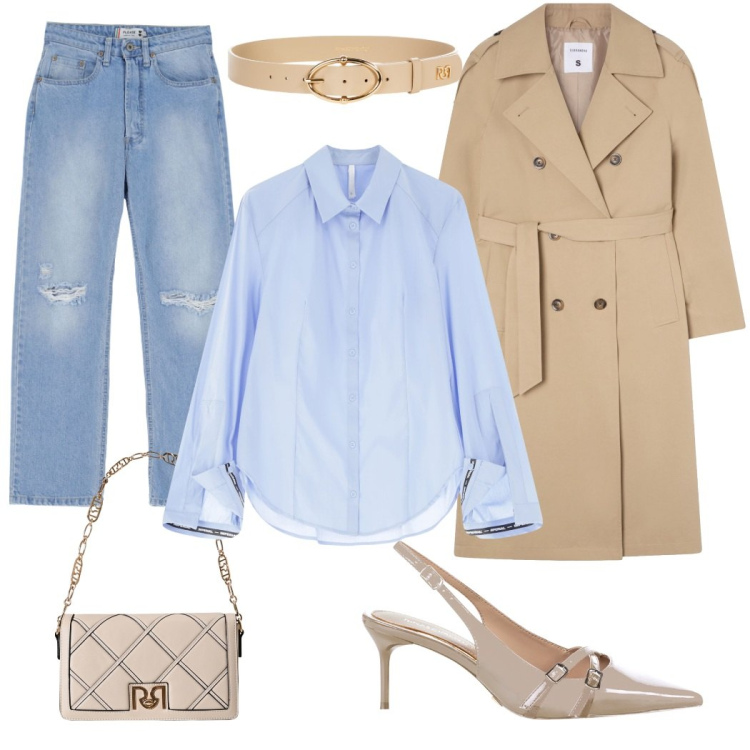 Outfit donna - Rientro in beige. Stile Casual chic per Tutti i giorni. Abbinamento con trench, borse a tracolla, décolleté, cinture, jeans strappati, camicie.