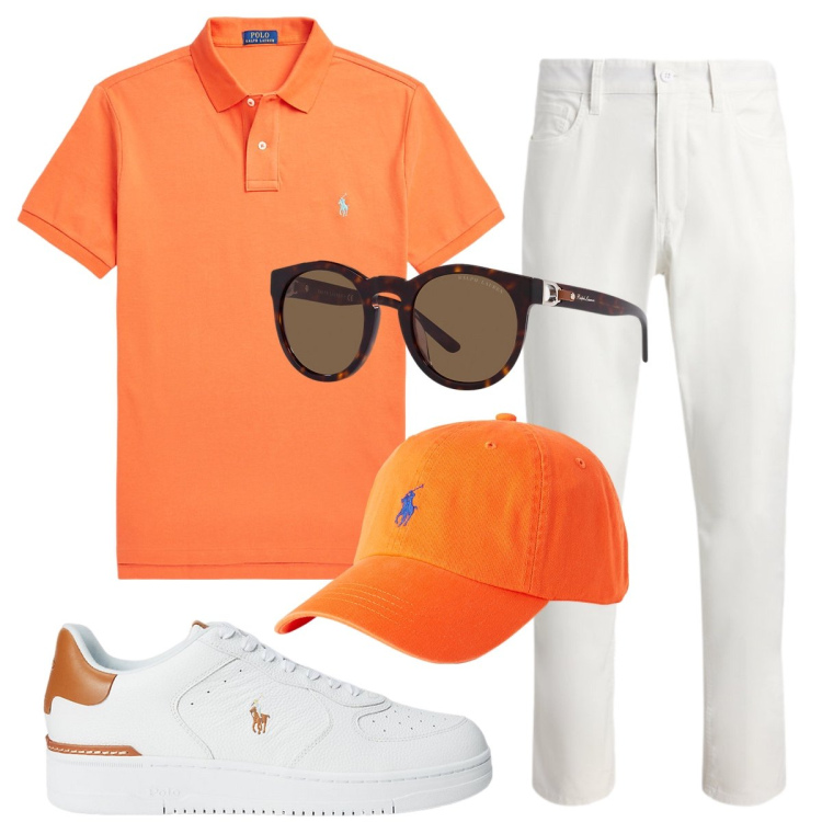 Outfit uomo - Sbarco di lusso. Stile Casual per Tutti i giorni. Abbinamento con cappelli, sneakers, polo, pantaloni, occhiali da sole.