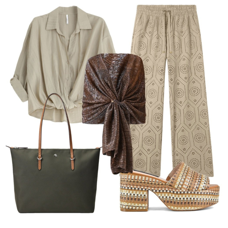 Outfit donna - La natura dentro. Stile Boho per Tutti i giorni. Abbinamento con stole, camicie, pantaloni, borse tote, zeppe.