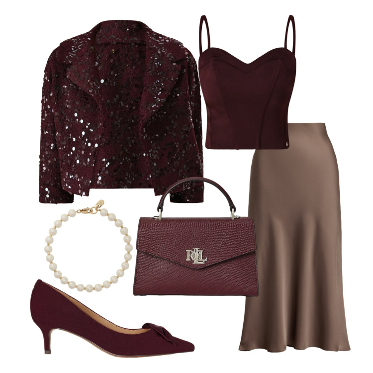 Outfit donna - Fall / Winter Collection. Stile Chic per Serata fuori. Abbinamento con blazer, top, gonne, braccialetti, décolleté, borse a mano.