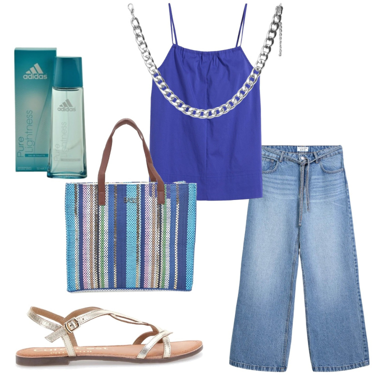 Outfit donna - Total look #2227810. Stile Casual per Tutti i giorni. Abbinamento con top, profumi, jeans, collane, shopping bag, sandali in pelle.
