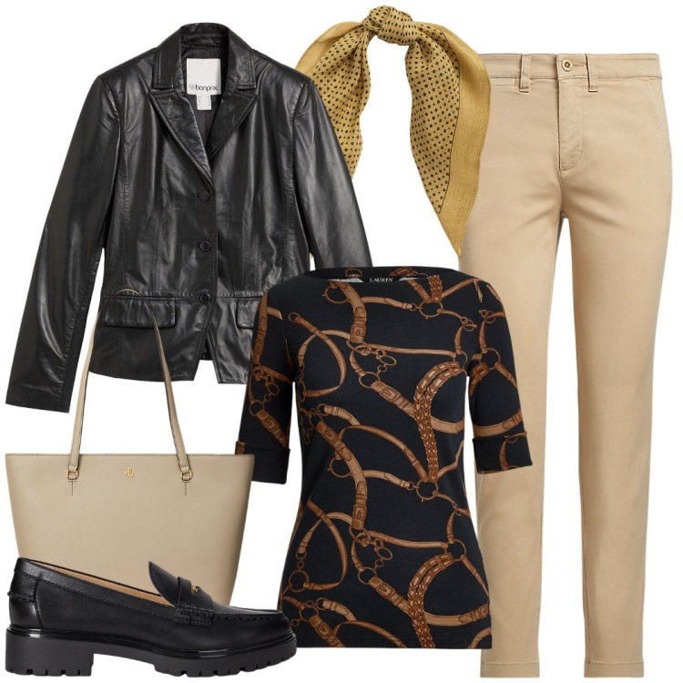 Outfit donna - Urban style. Stile Casual chic per Ufficio. Abbinamento con blazer, borse tote, pantaloni corti, foulard, mocassini, t-shirt.