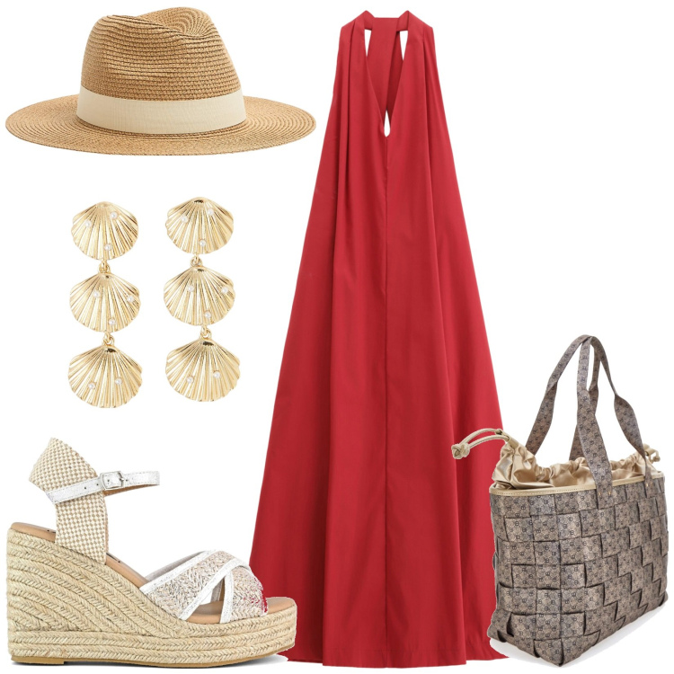 Outfit donna - Vacanze a Gallipoli. Stile Casual chic per Tutti i giorni. Abbinamento con cappelli, orecchini, vestiti, zeppe, borse a spalla.