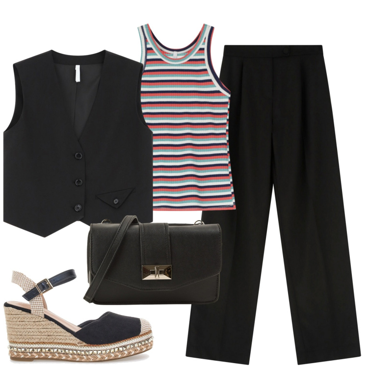 Outfit donna - City. Stile Casual chic per Tutti i giorni. Abbinamento con borse a tracolla, top, pantaloni a palazzo, gilet, zeppe.