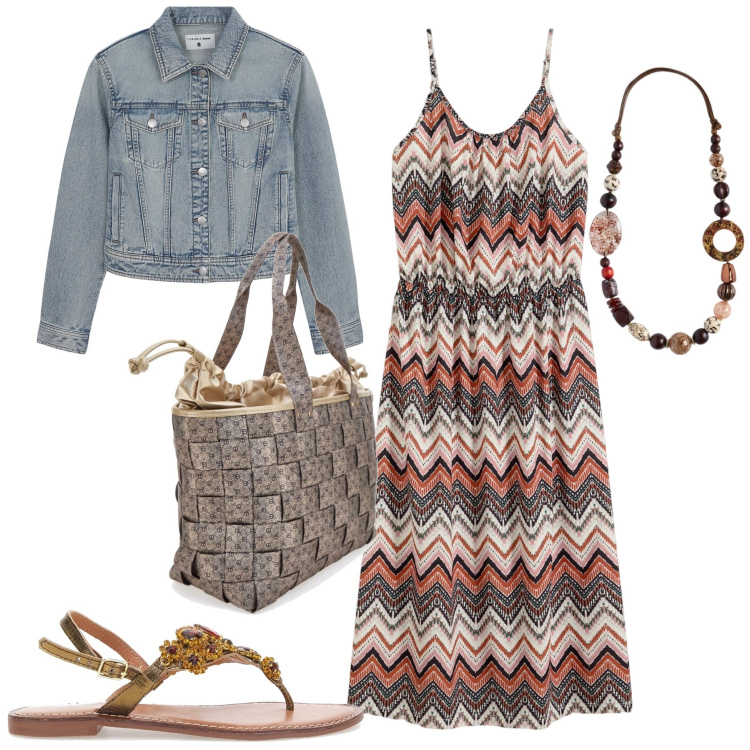 Outfit donna - Agosto. Stile Casual chic per Tutti i giorni. Abbinamento con vestiti, blazer, sandali gioiello, collane, borse a spalla.