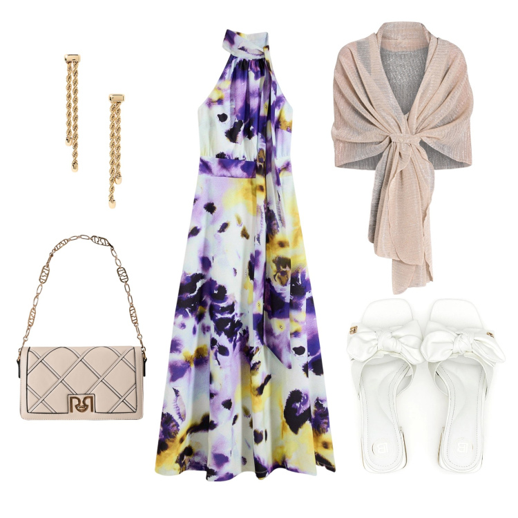 Outfit donna - Cena al calar del sole. Stile Bon Ton per Serata fuori. Abbinamento con vestiti lunghi, borse a tracolla, stole, orecchini, ciabatte.