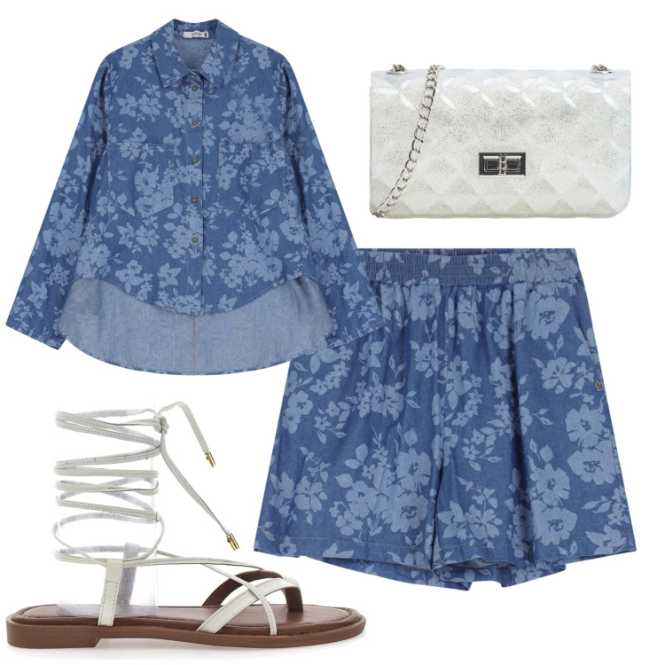 Outfit donna - Floral blu. Stile Casual chic per Tutti i giorni. Abbinamento con borse a tracolla, camicie, gonne, sandali alla schiava.