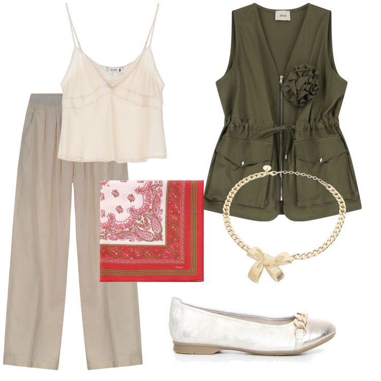 Outfit donna - Total look #2227833. Stile Casual chic per Tutti i giorni. Abbinamento con top, gilet, collane, foulard, pantaloni, ballerine.